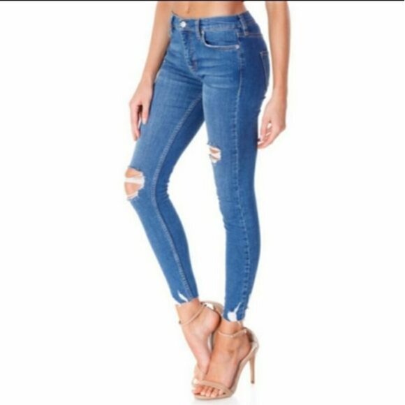 Free People Jeans Shark Bite Blue Distressed Skinny Size 26 Blue Denim - Picture 11 of 11